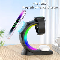 4-in-1 Magnetic Charge & Glow: Wireless Oasis for Phone, Watch, & Buds (RGB Light)